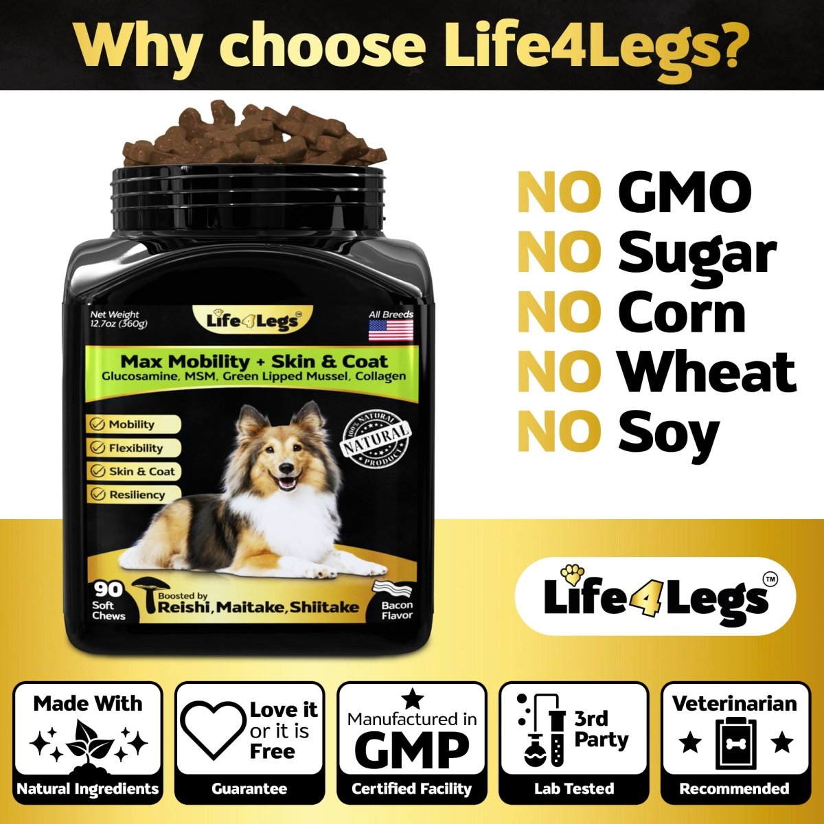 30 Hip and Joint Chews for Dogs + Skin and Coat Supplement - Dog Joint Pain Relief Treats - Glucosamine, Chondroitin, MSM, Hemp Oil, Turmeric, Omega 3 for Dogs, Mobility Dog Health Supplies - Life4legs