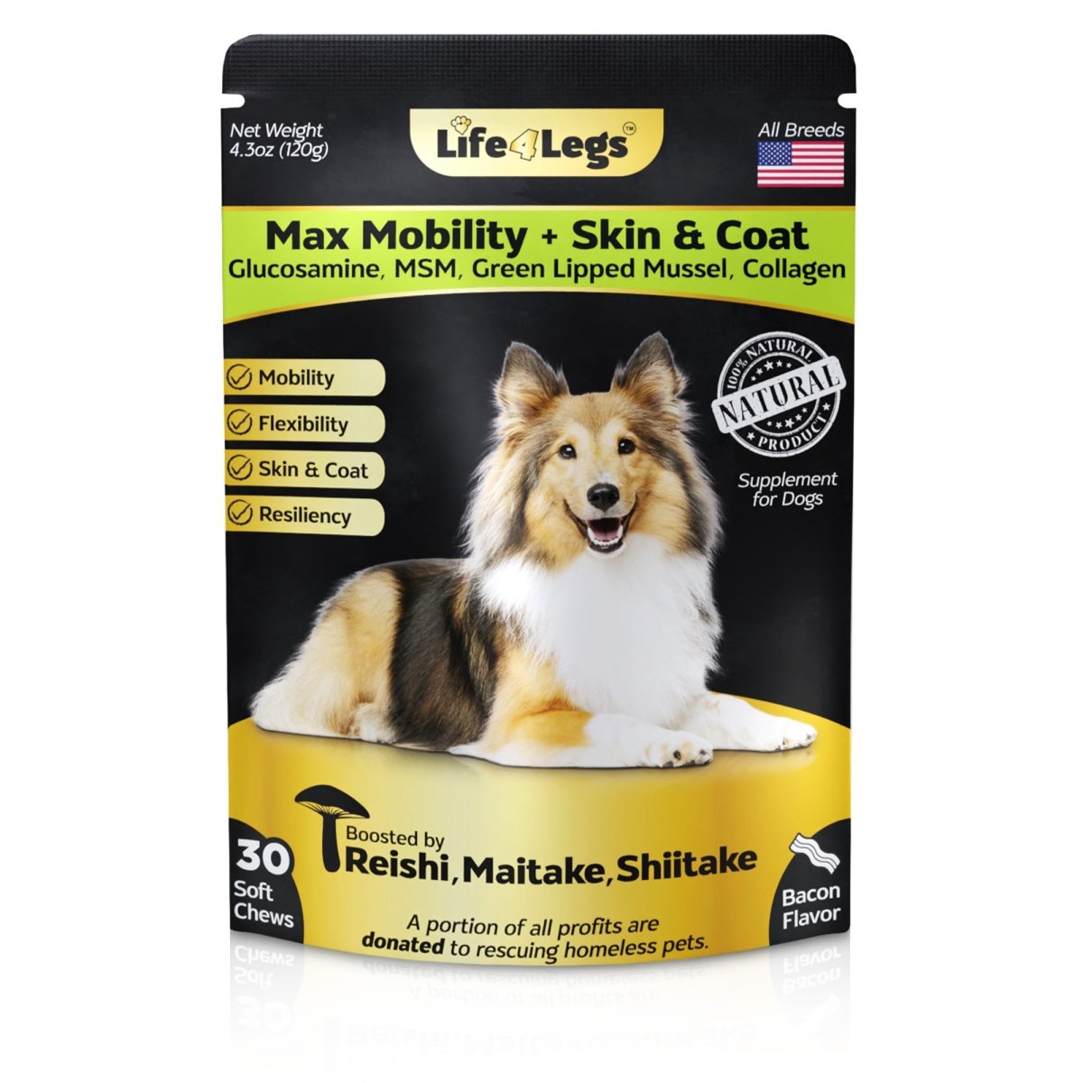 30 Hip and Joint Chews for Dogs + Skin and Coat Supplement - Dog Joint Pain Relief Treats - Glucosamine, Chondroitin, MSM, Hemp Oil, Turmeric, Omega 3 for Dogs, Mobility Dog Health Supplies - Life4legs