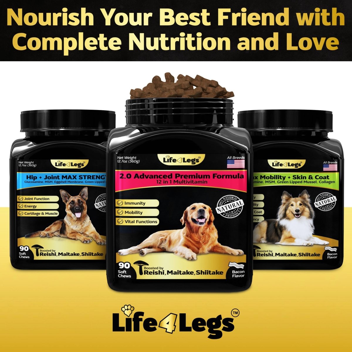 90 Soft Chews Dog Vitamins & Supplements - Dog Multivitamin -Hemp Oil Glucosamine Chondroitin Hip and Joint Support Health, Skin & Coat, Digestion & Immune System, Skin, Heart, Probiotics - Life4legs