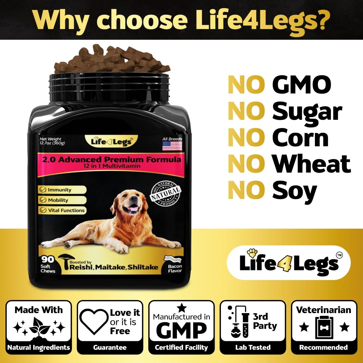 90 Soft Chews Dog Vitamins & Supplements - Dog Multivitamin -Hemp Oil Glucosamine Chondroitin Hip and Joint Support Health, Skin & Coat, Digestion & Immune System, Skin, Heart, Probiotics - Life4legs