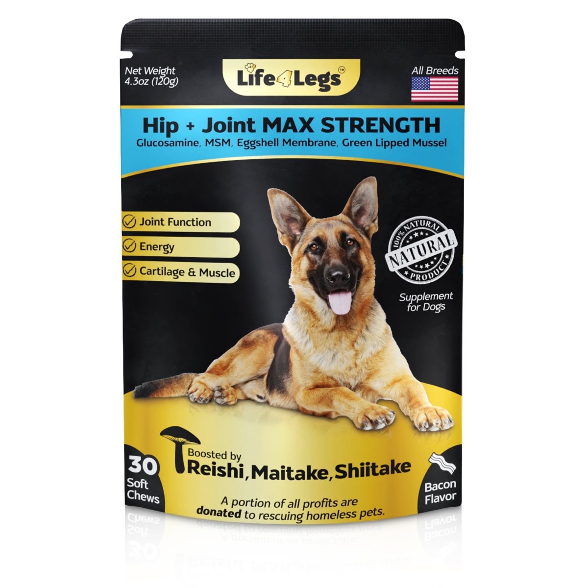 Life4Legs - 30 Soft chews Hip and Joint Supplement for Dogs - Dog Joint Pain Relief Treats - Glucosamine, Chondroitin, Turmeric, MSM - Hemp oil Mobility Supplement with Green Lipped Mussels - Life4legs