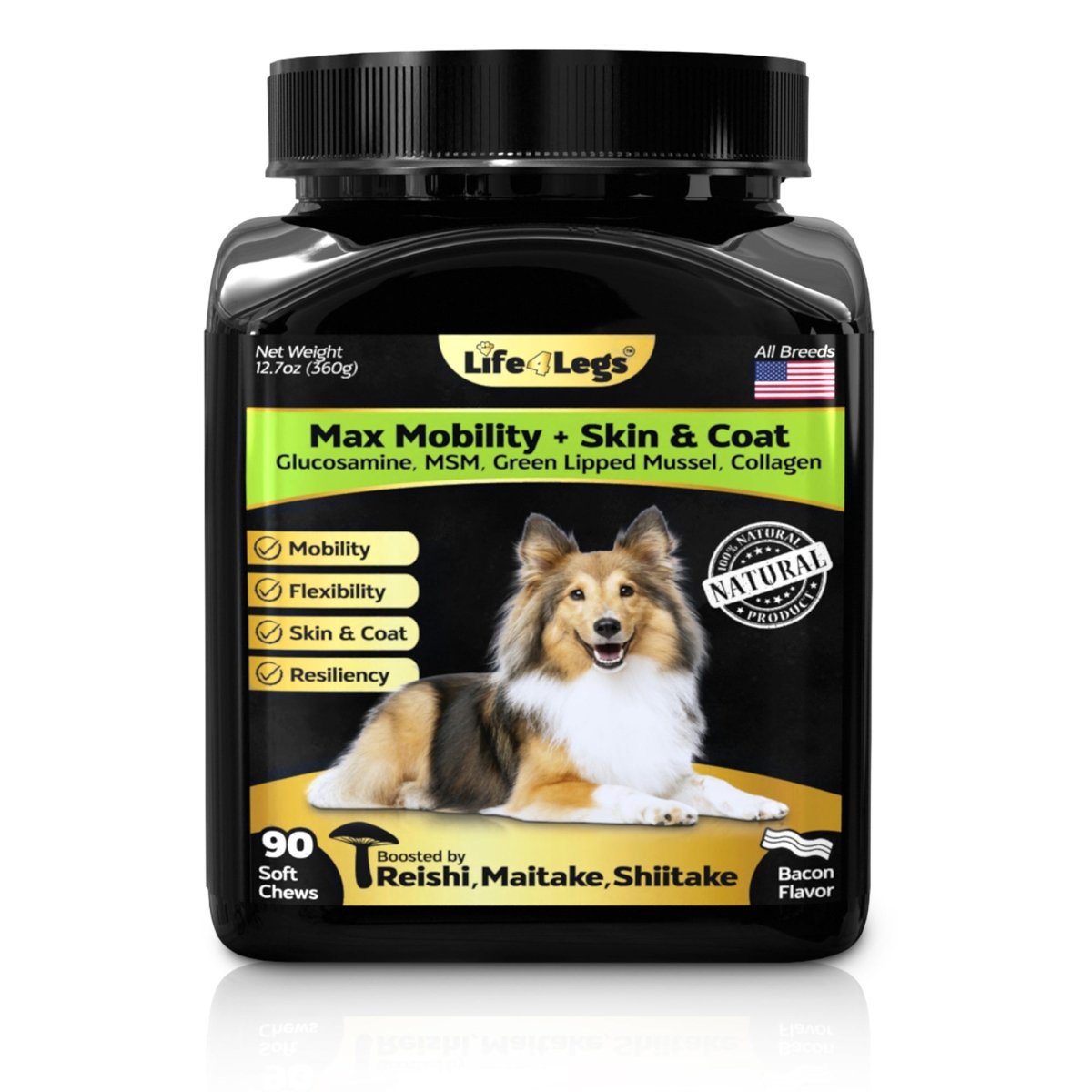 Life4Legs - Hip and Joint 90 Chews for Dogs + Skin and Coat Supplement - Dog Joint Pain Relief Treats - Glucosamine, Chondroitin, MSM, Hemp Oil, Turmeric, Omega 3 for Dogs, Mobility Dog Health Supplies - Life4legs