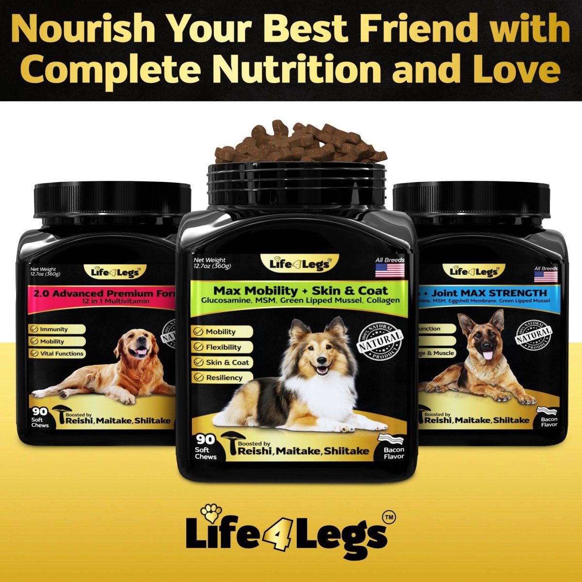 Life4Legs - Hip and Joint 90 Chews for Dogs + Skin and Coat Supplement - Dog Joint Pain Relief Treats - Glucosamine, Chondroitin, MSM, Hemp Oil, Turmeric, Omega 3 for Dogs, Mobility Dog Health Supplies - Life4legs