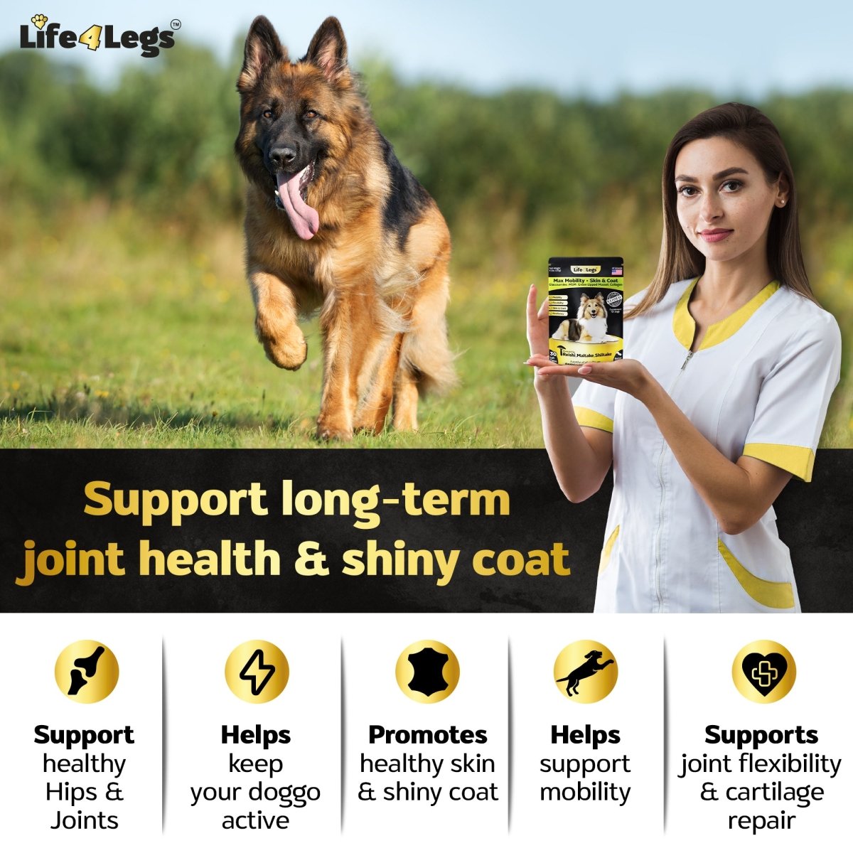 30 Hip and Joint Chews for Dogs + Skin and Coat Supplement - Dog Joint Pain Relief Treats - Glucosamine, Chondroitin, MSM, Hemp Oil, Turmeric, Omega 3 for Dogs, Mobility Dog Health Supplies - Life4legs