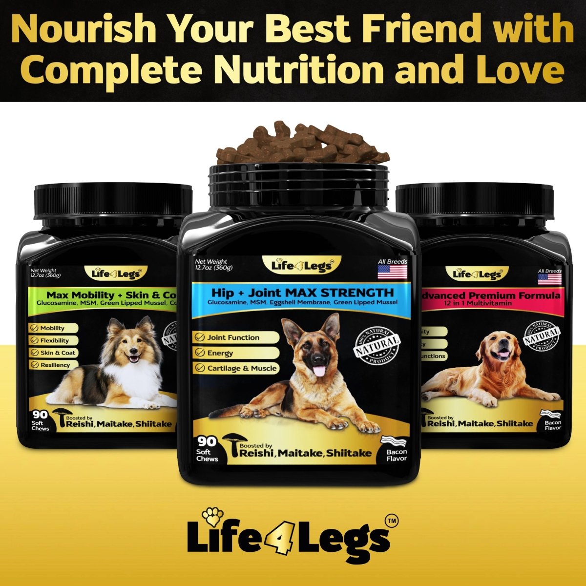 Life4Legs - 30 Soft chews Hip and Joint Supplement for Dogs - Dog Joint Pain Relief Treats - Glucosamine, Chondroitin, Turmeric, MSM - Hemp oil Mobility Supplement with Green Lipped Mussels - Life4legs
