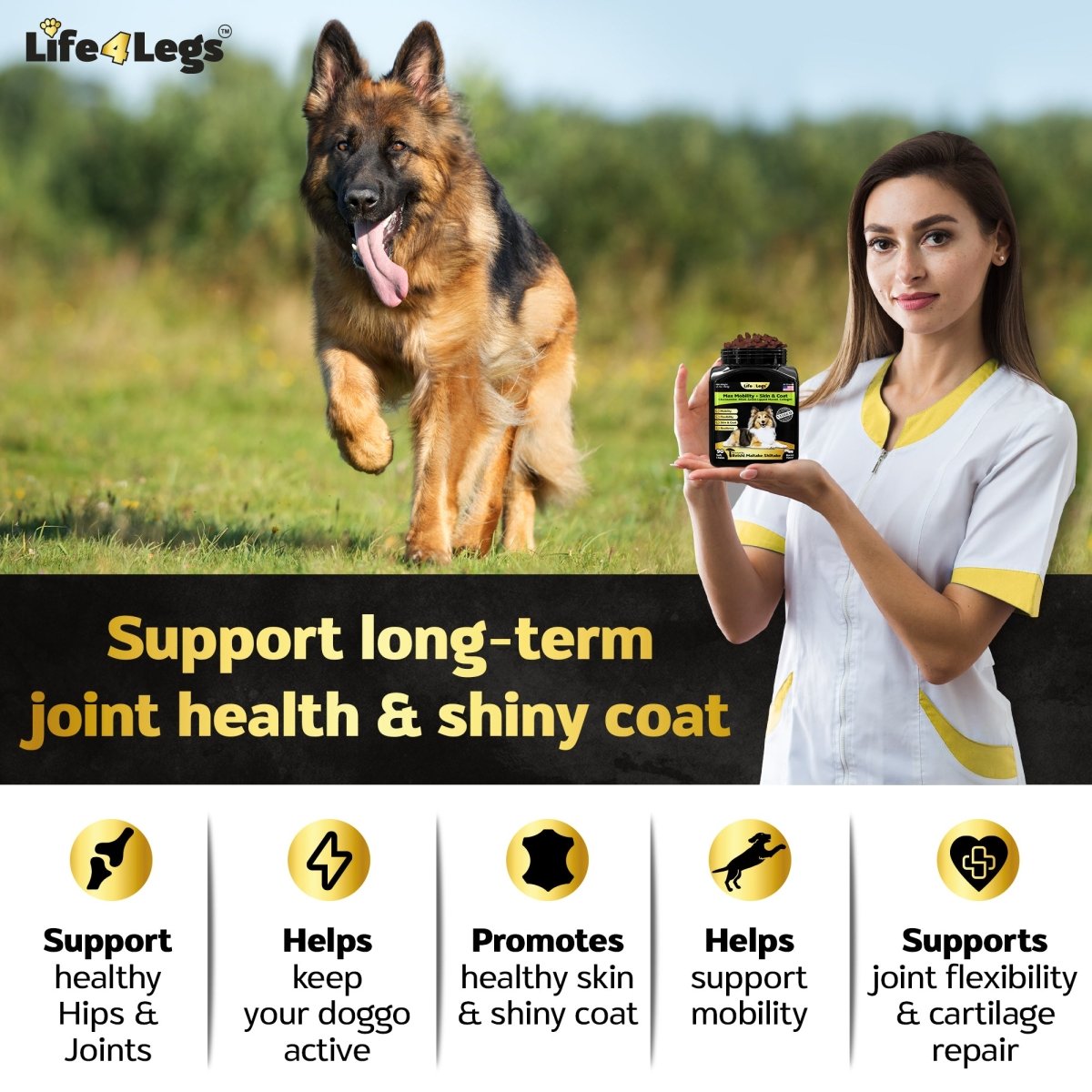 Life4Legs - Hip and Joint 90 Chews for Dogs + Skin and Coat Supplement - Dog Joint Pain Relief Treats - Glucosamine, Chondroitin, MSM, Hemp Oil, Turmeric, Omega 3 for Dogs, Mobility Dog Health Supplies - Life4legs